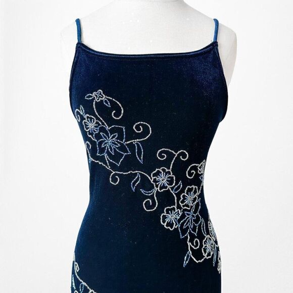 Vintage Navy Blue Knit Velvet Floral Beaded Maxi Bodycon Formal Dress Size M/L - Picture 5 of 7